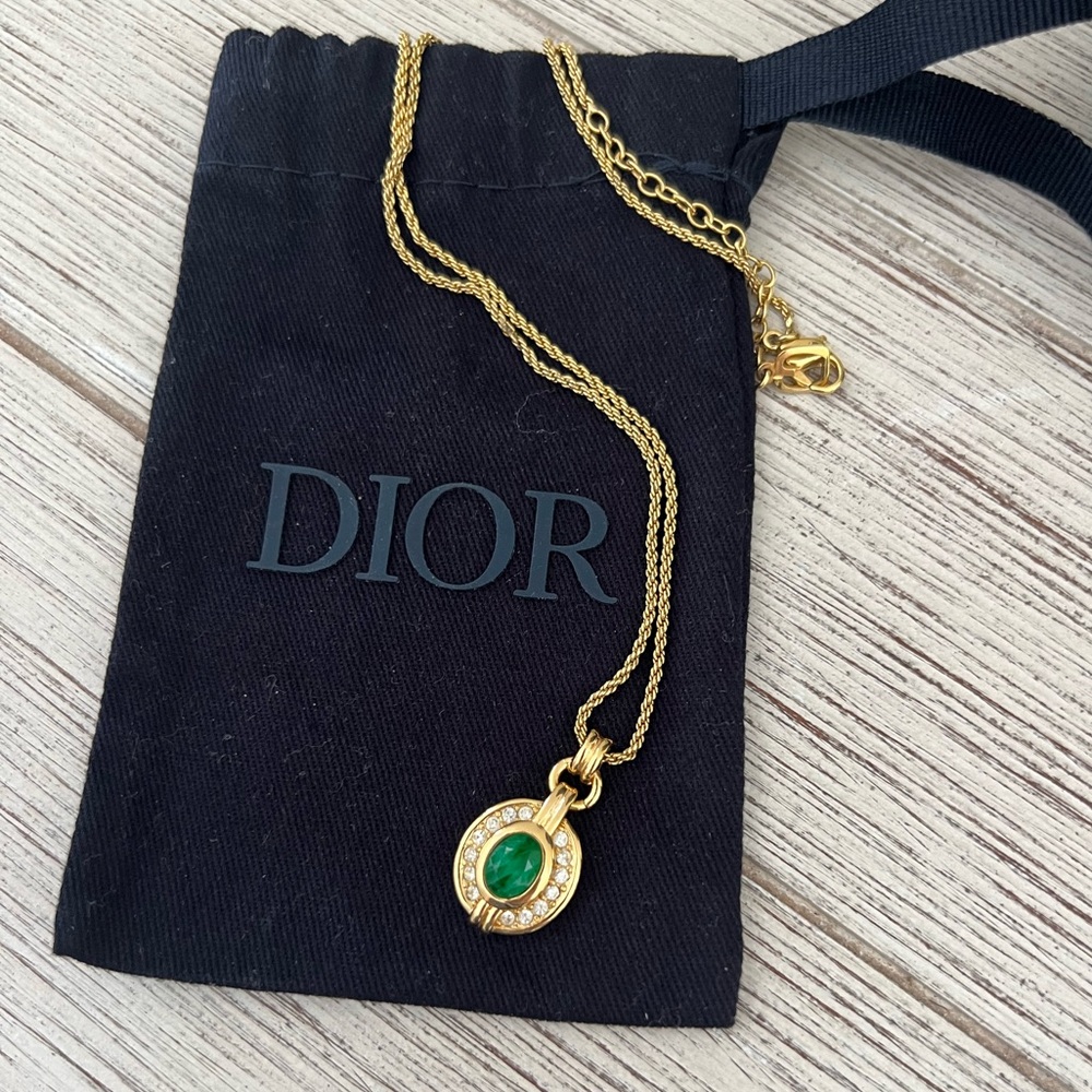 DIOR Vintage Gold-Tone Necklace with Green Center Stone and Crystal Halo